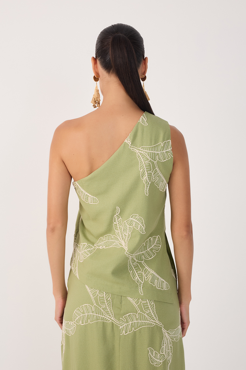 Linen Assimétrica Leaf Embroidery Top_5