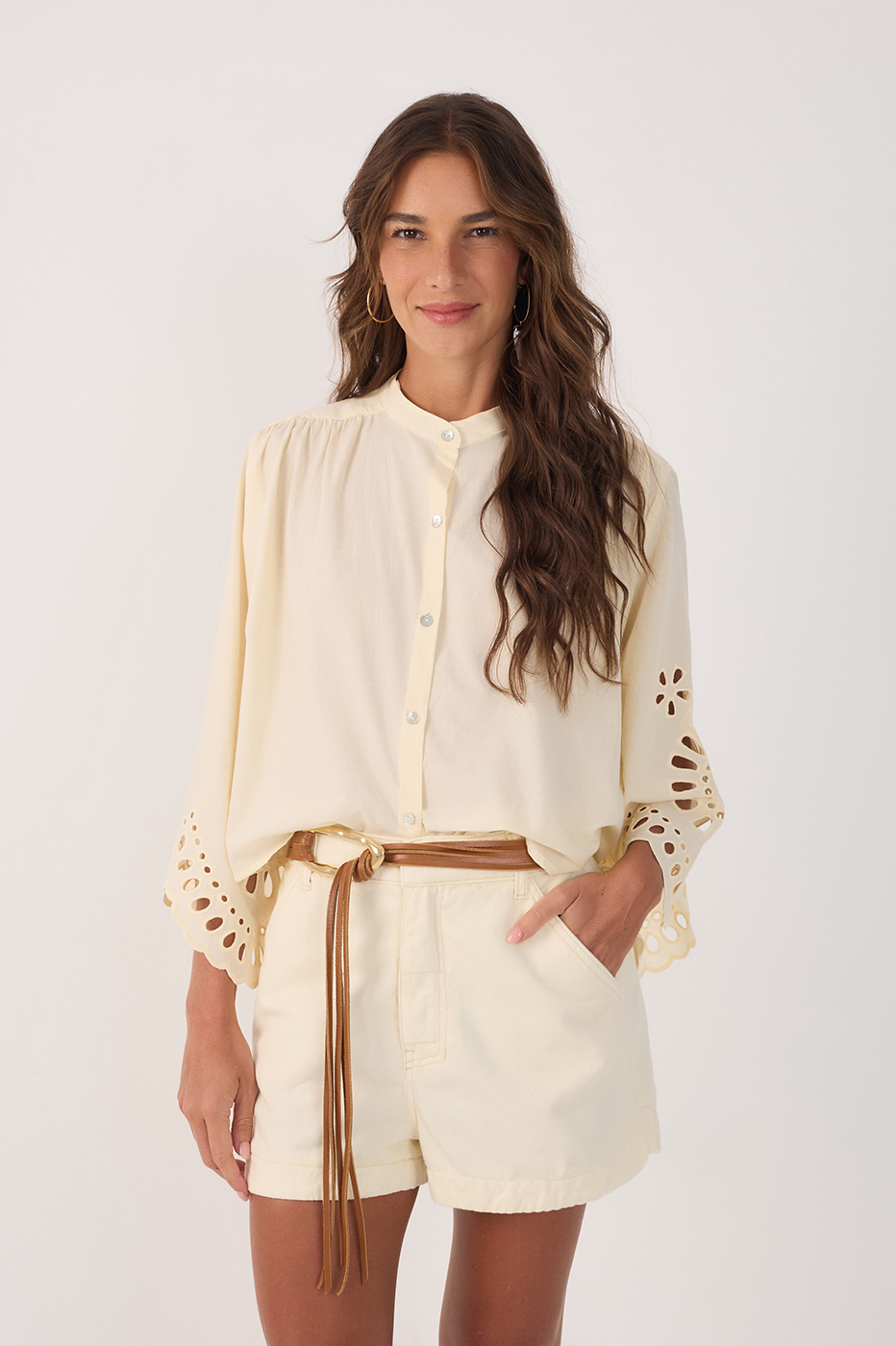 Cotton Shirt With Embroidered Hem