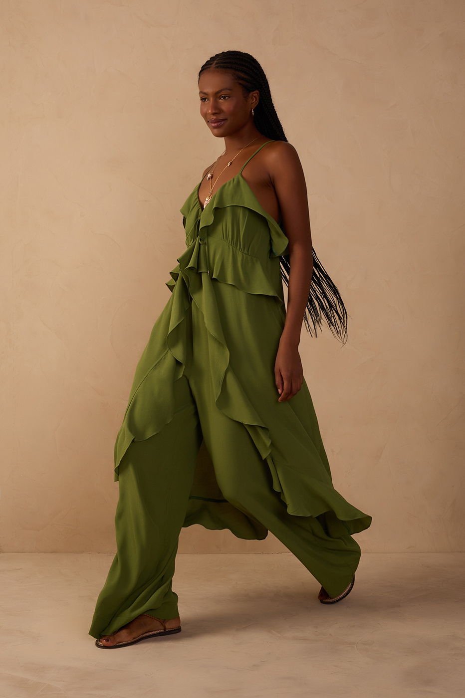 Green Coco Sleeveless Ruffled Crepe Tunic_1
