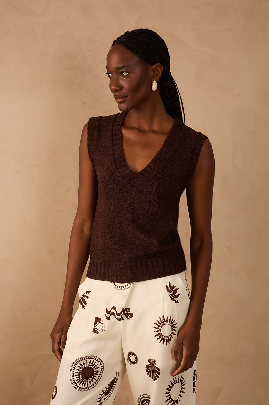 Brown Caffeine V Neck Sleeveless Tricot Vest