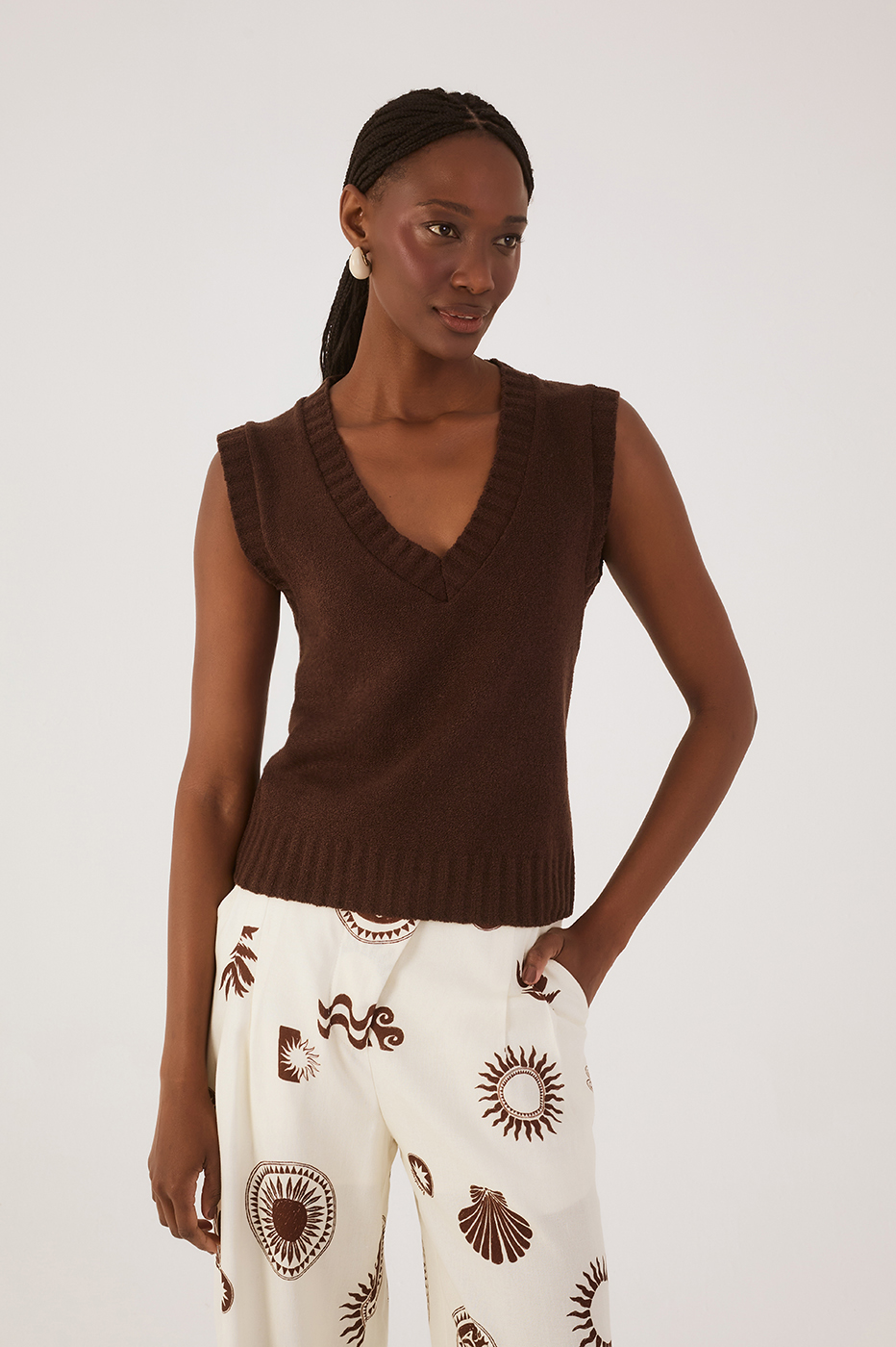 Brown Caffeine V Neck Sleeveless Tricot Vest