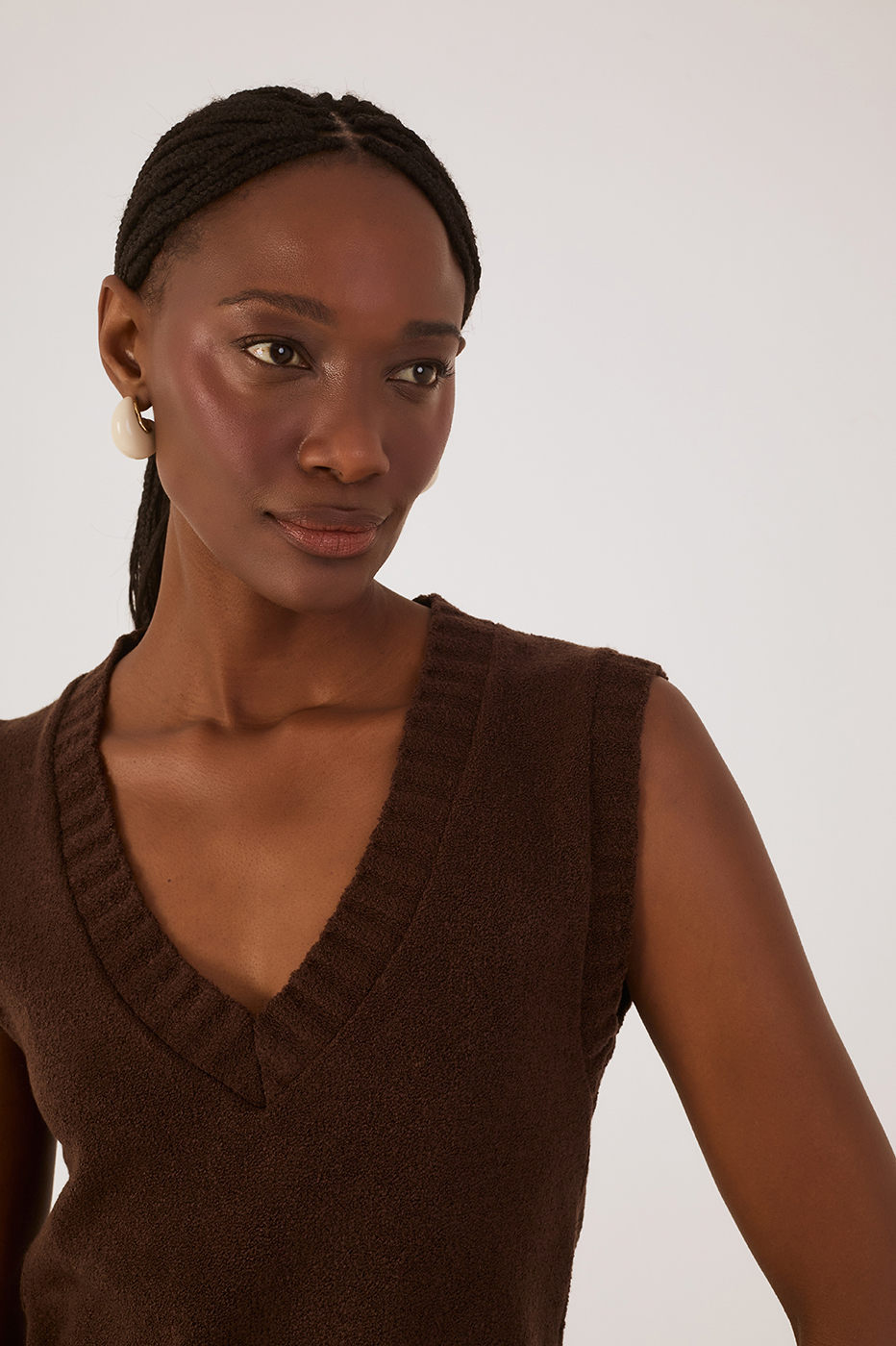 Brown Caffeine V Neck Sleeveless Tricot Vest