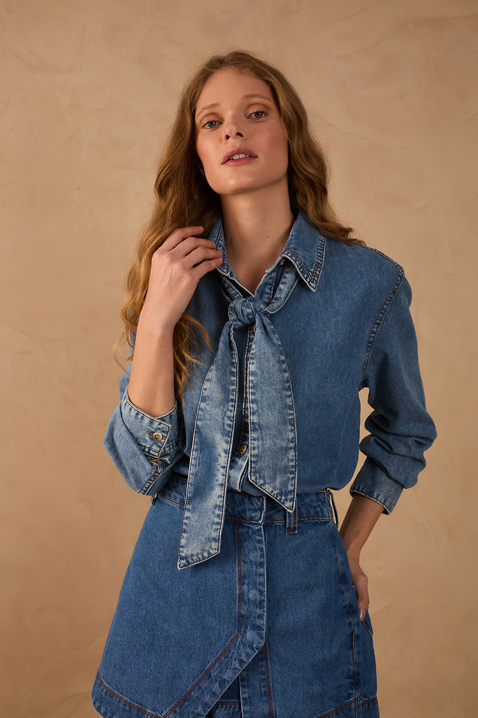 Denim Front Ties Collared Buttoned Shirt