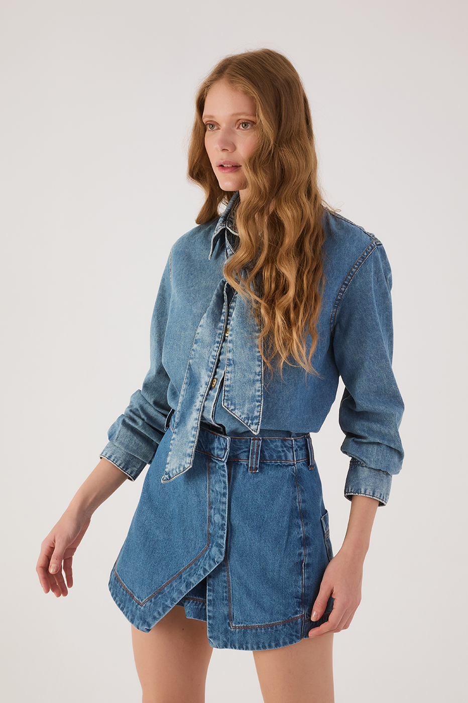Denim Front Ties Collared Buttoned Shirt