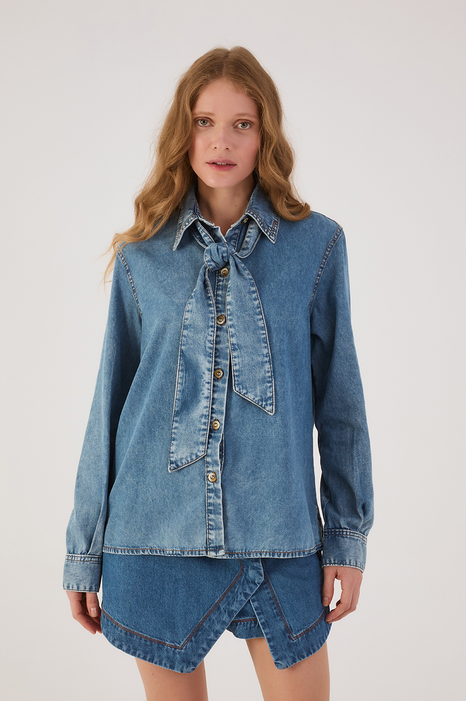 Denim Front Ties Collared Buttoned Shirt