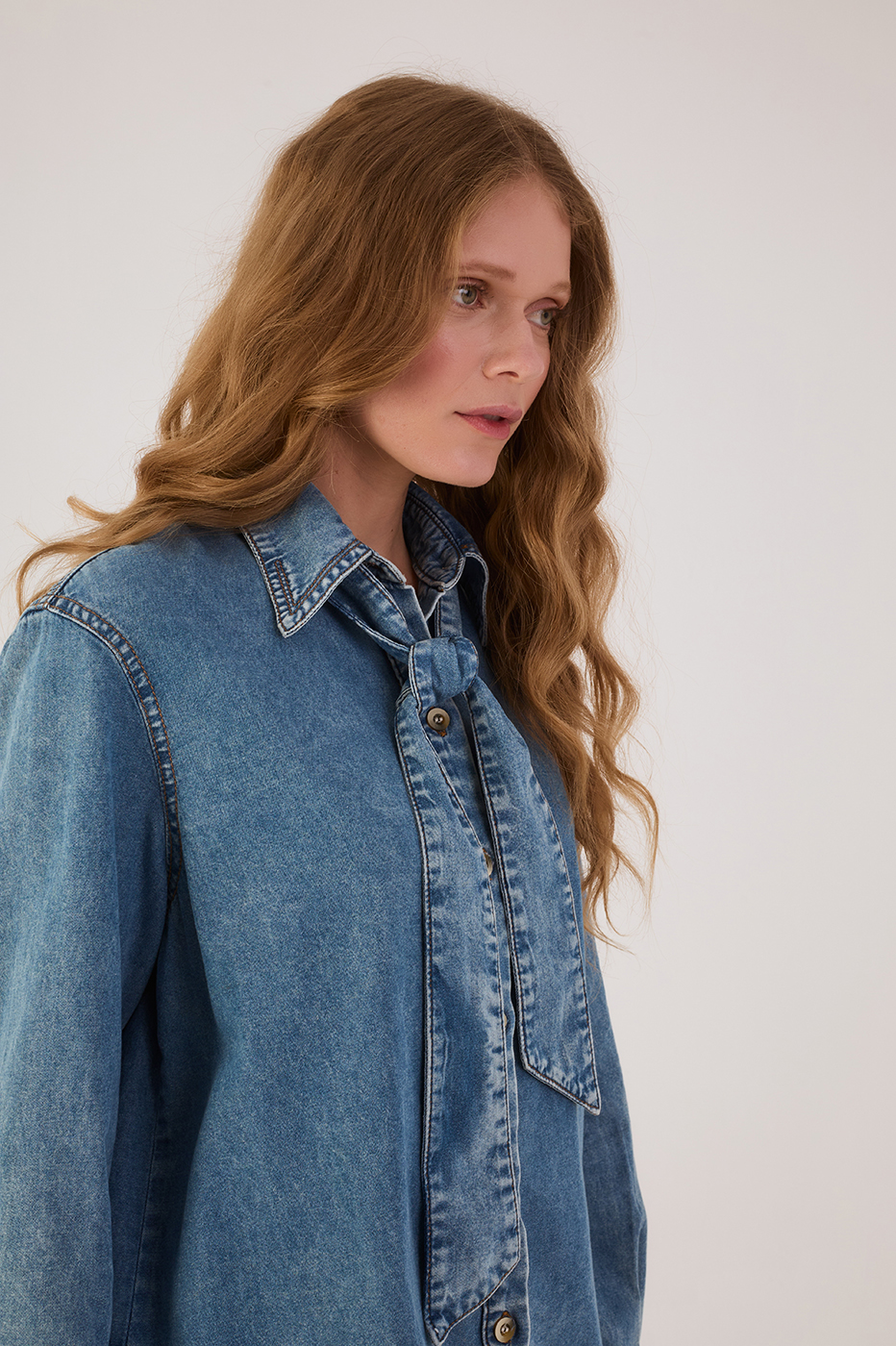 Denim Front Ties Collared Buttoned Shirt