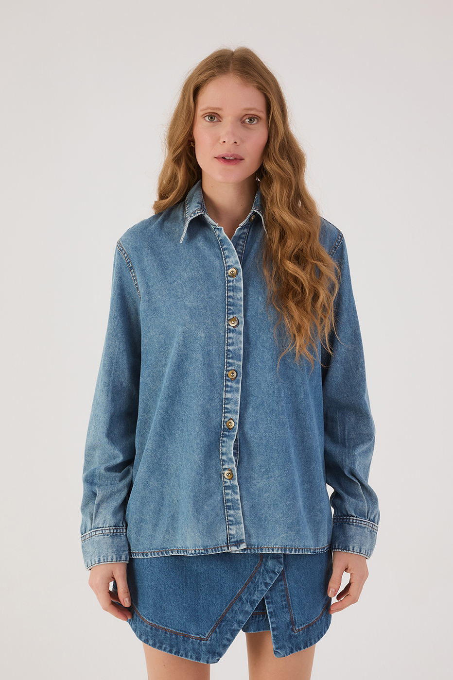 Denim Front Ties Collared Buttoned Shirt