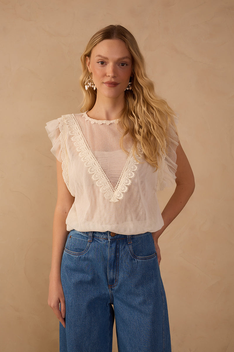Off-White Crew Neck Lace Tulle Blouse_1