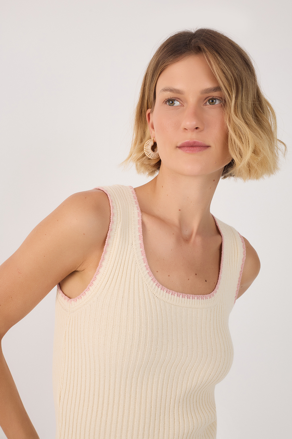 Knit Neckline Embroidered Top