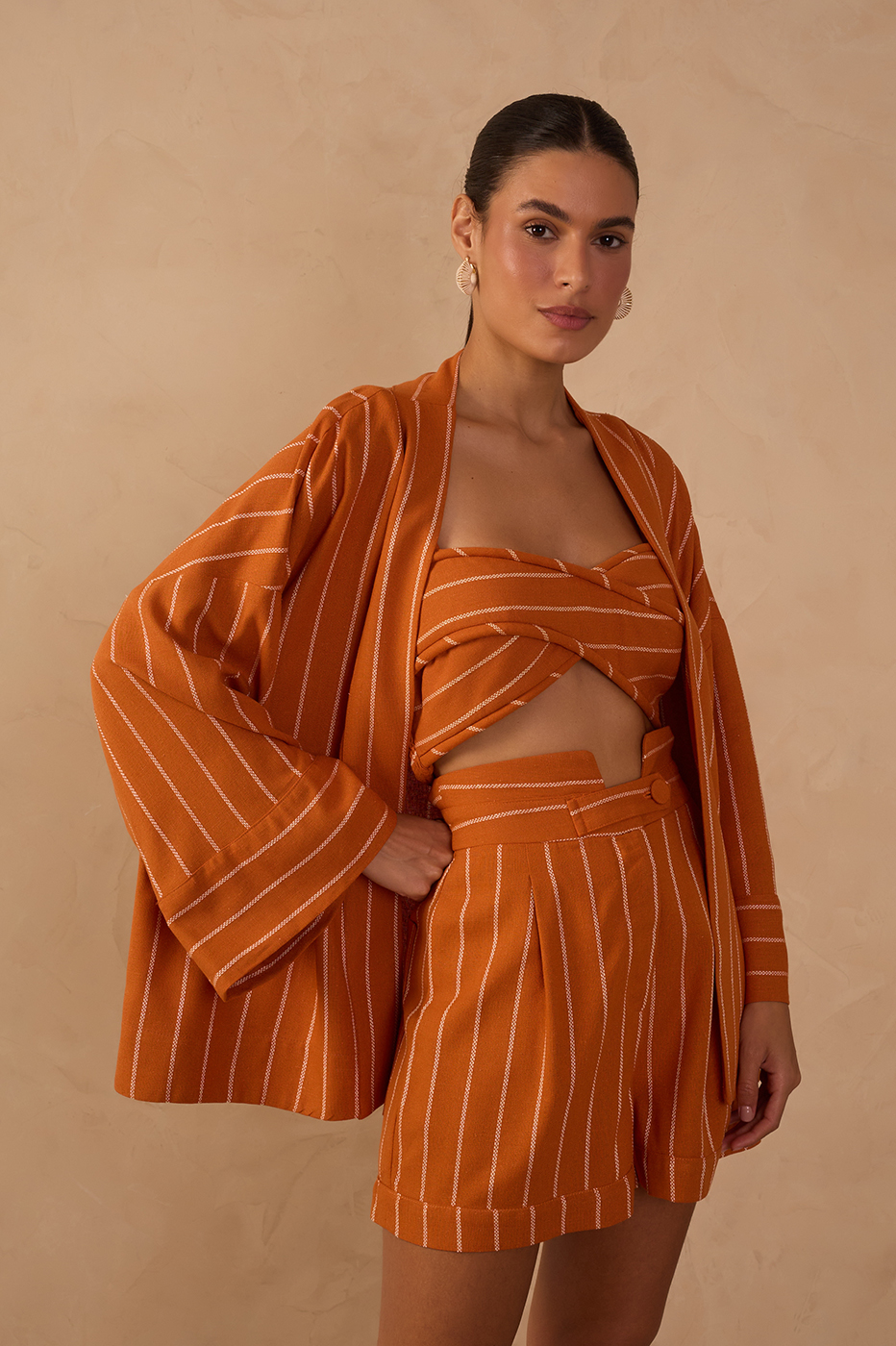 Ochre Striped Smocked Linen Crop Top_1