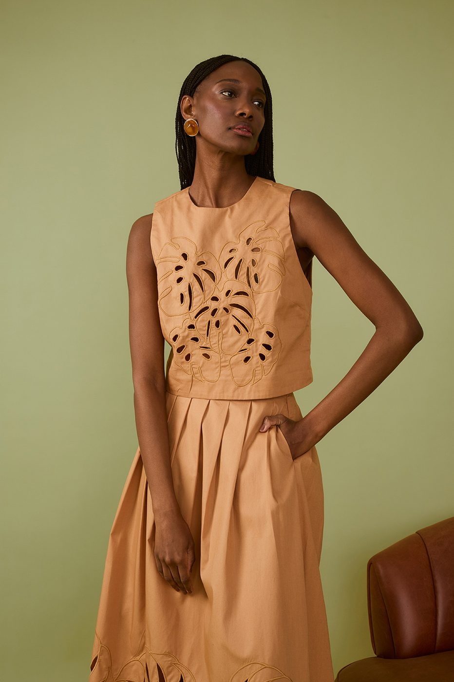 Beige Leme Foliage Embroidered Cotton Blouse in Leme Beige