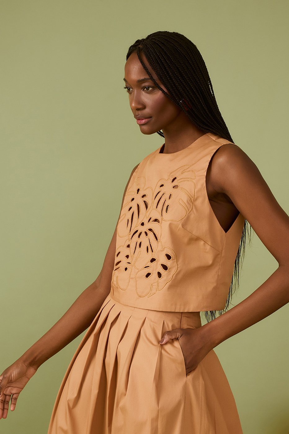 Beige Leme Foliage Embroidered Cotton Blouse_1