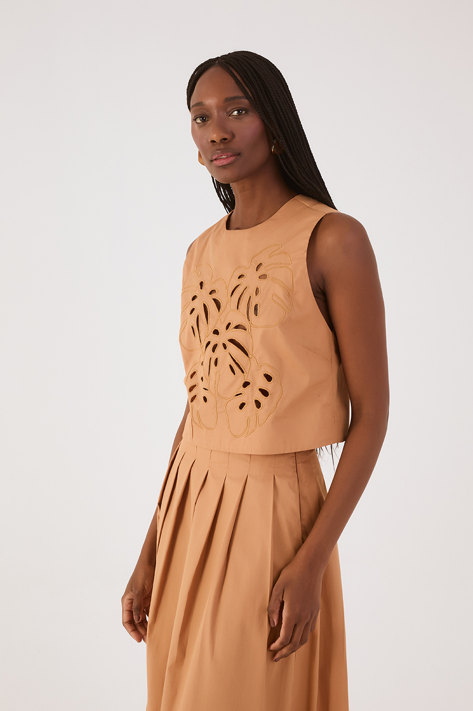 Beige Leme Foliage Embroidered Cotton Blouse_2