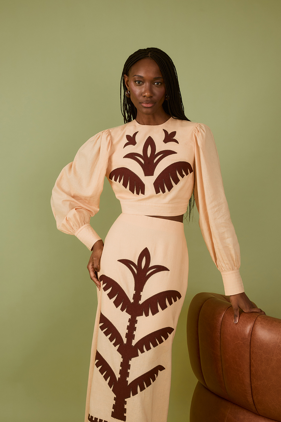 Beige Palm Embroidered Linen Blouse