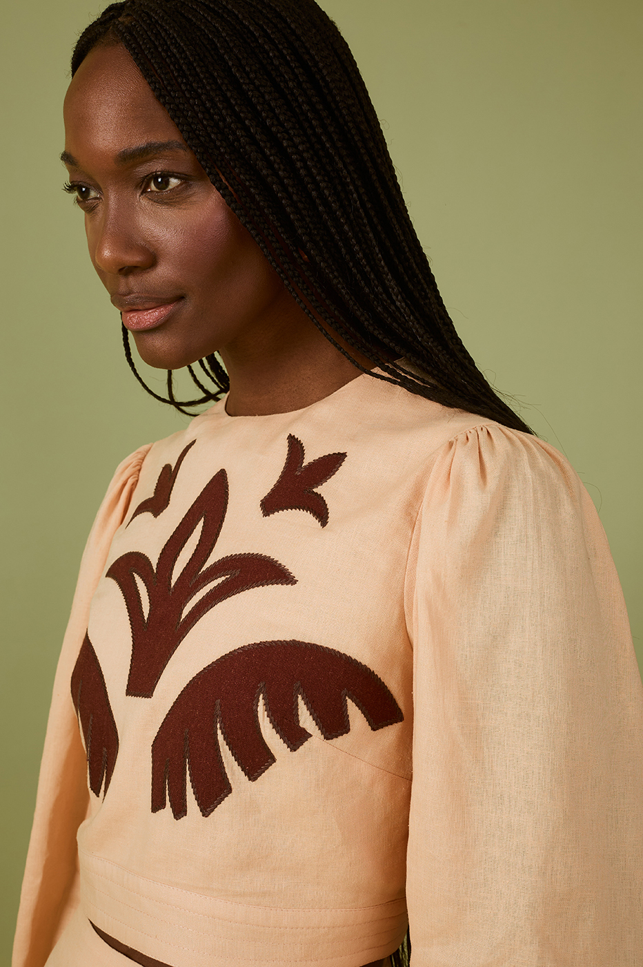 Beige Palm Embroidered Linen Blouse