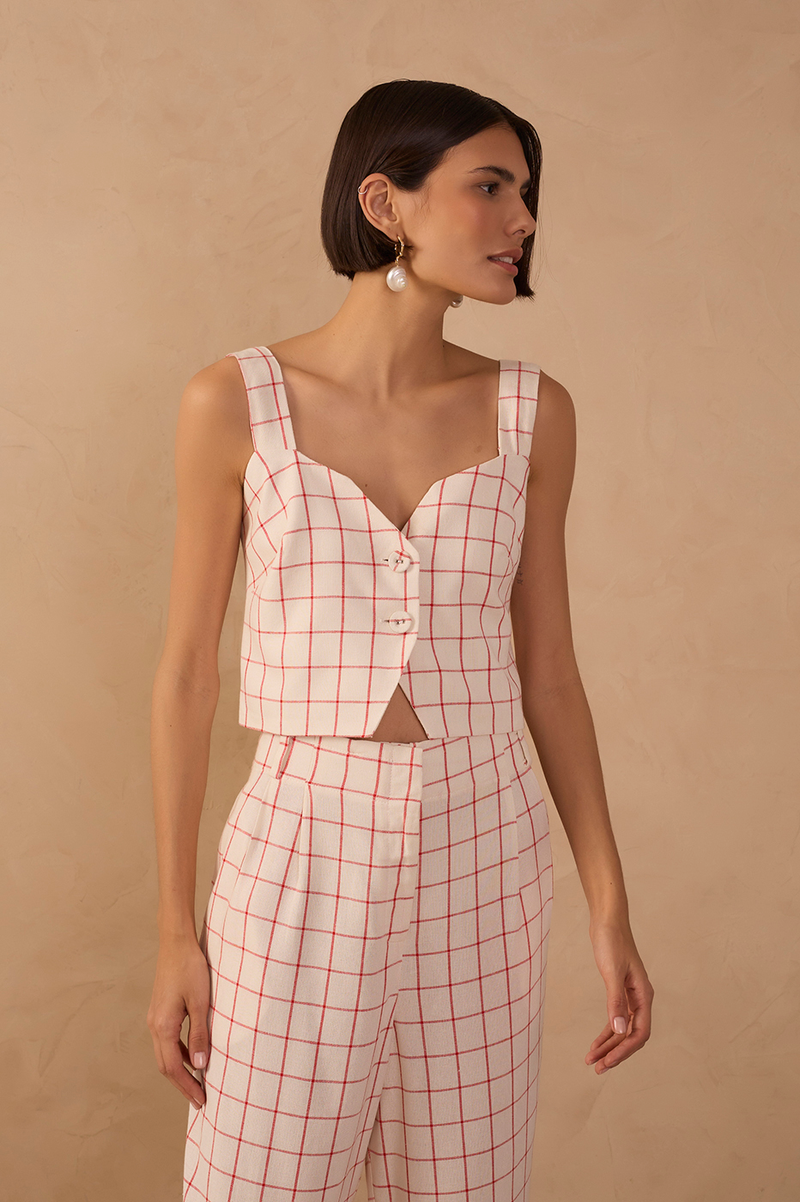 Off-White Plaid Buttoned Linen Blouse