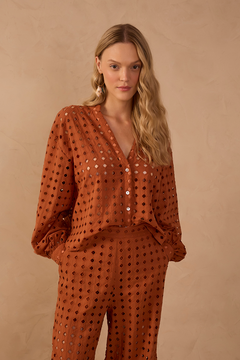 Brown Castanha Lace V Neck Long Sleeve Shirt_1