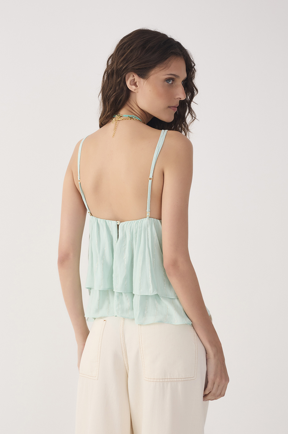Green Lurex Smocked Layered Blouse_5