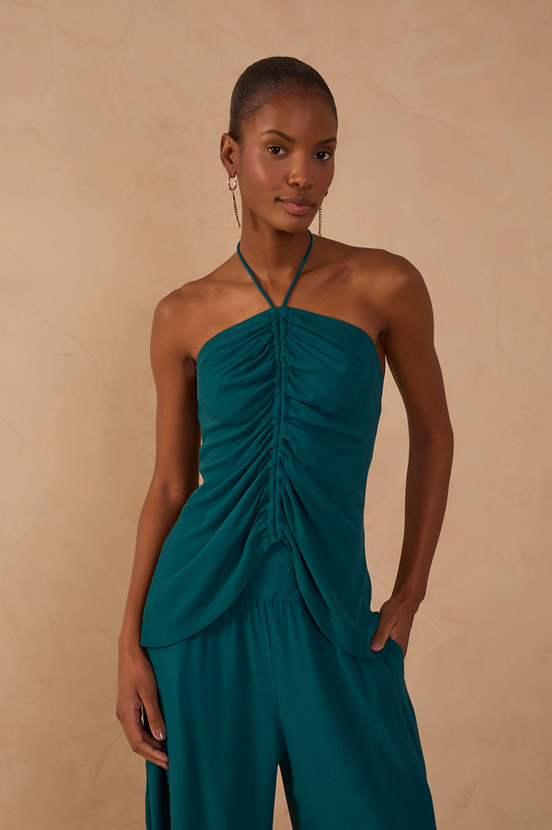 Green Halter Neck Ruched Crepe Blouse_1