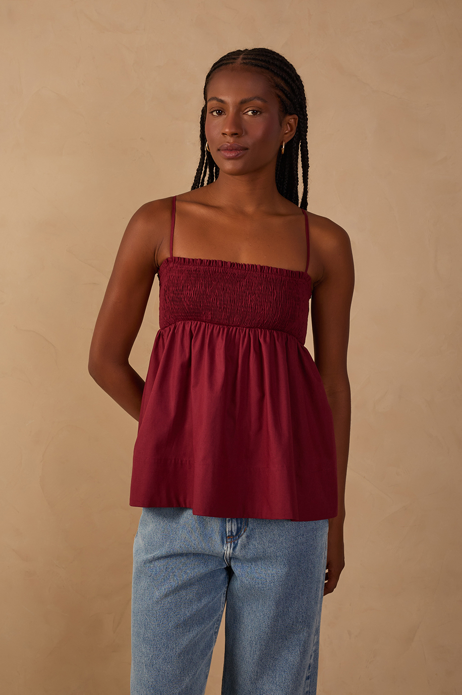 Wine Smocked Bust Loose Blouse
