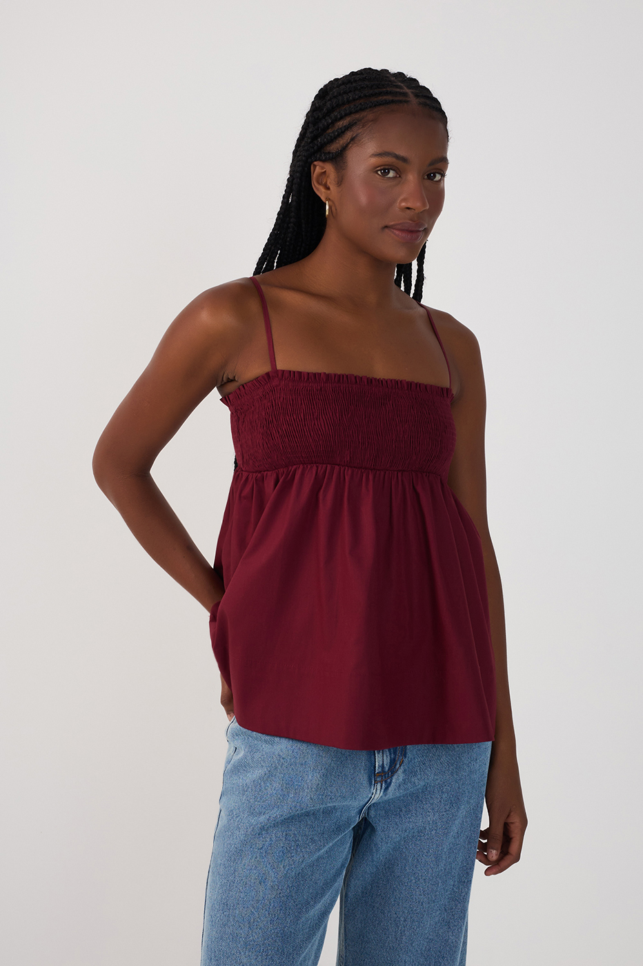 Wine Smocked Bust Loose Blouse