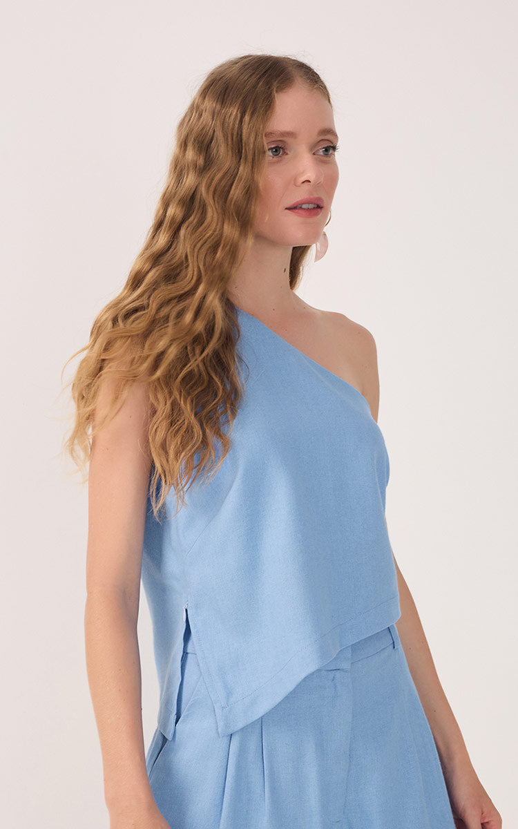 Asymmetrical One-Shoulder Linen Blouse_4