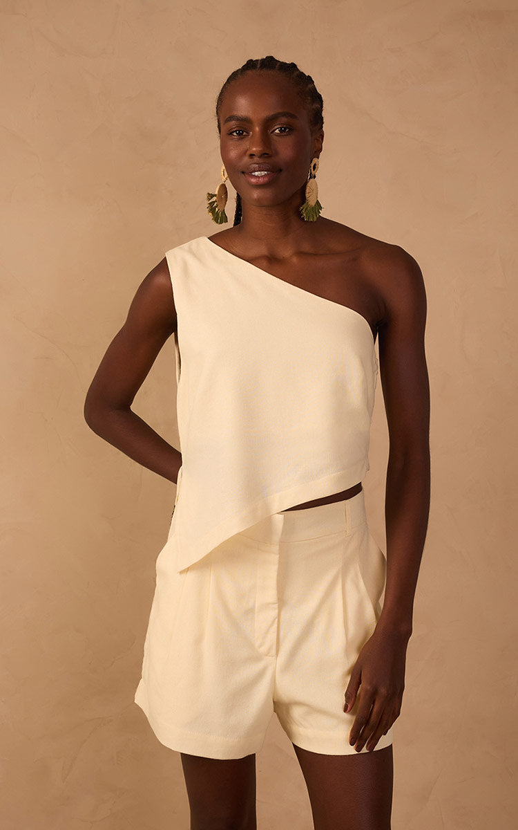 Beige One-Shoulder Asymmetric Blouse_1