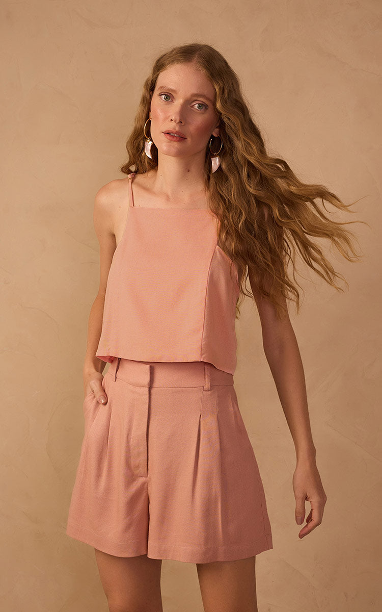 Pink Square Neck Sleeveless Linen Blouse_1