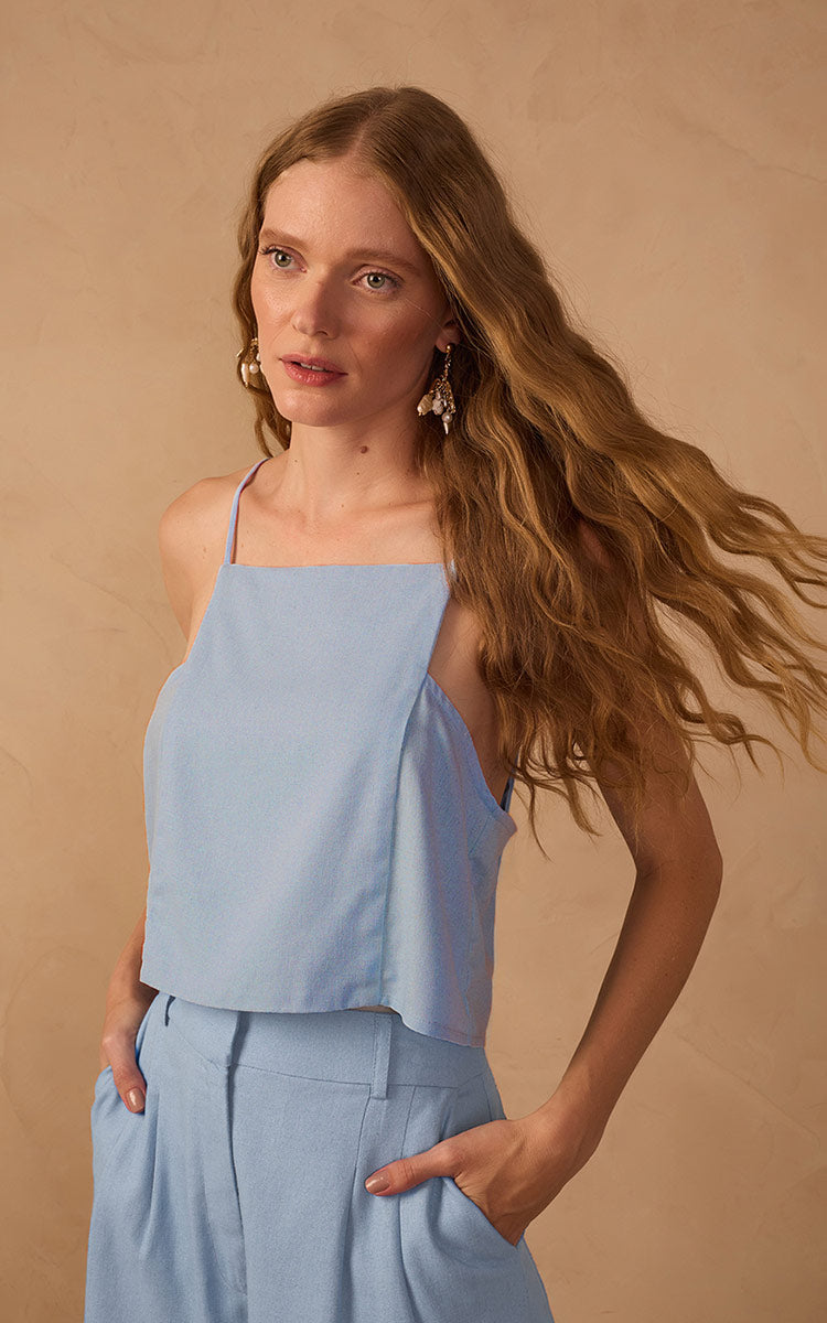 Blue Square Neck Sleeveless Linen Blouse_1