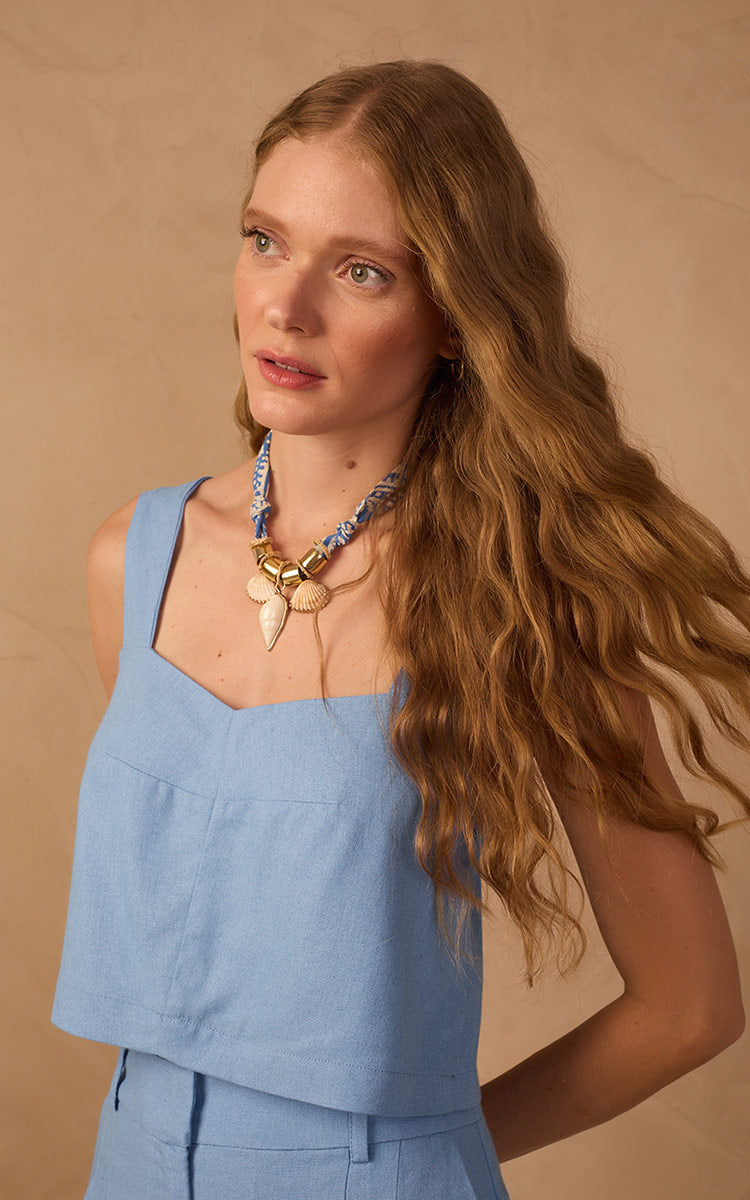 Blue V Neck Sleeveless Linen Blouse_1