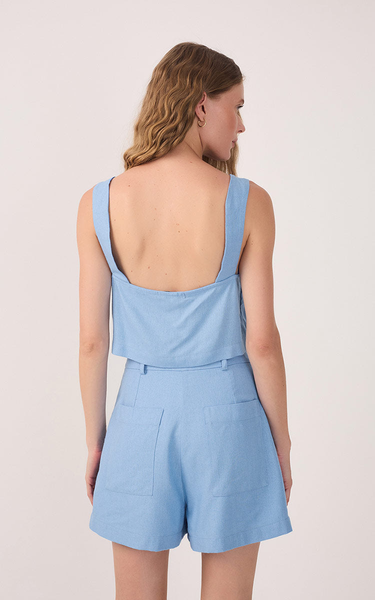 Blue V Neck Sleeveless Linen Blouse_5