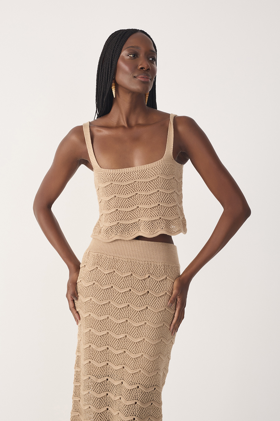 Beige Square Neck Sleeveless Tricot Blouse in Summer Beige