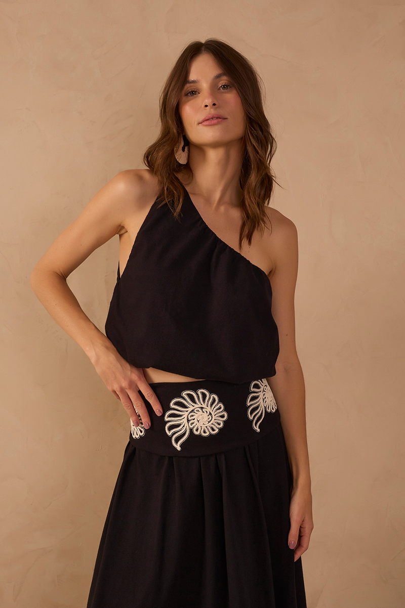 Black One-Shoulder Balloon Blouse_1