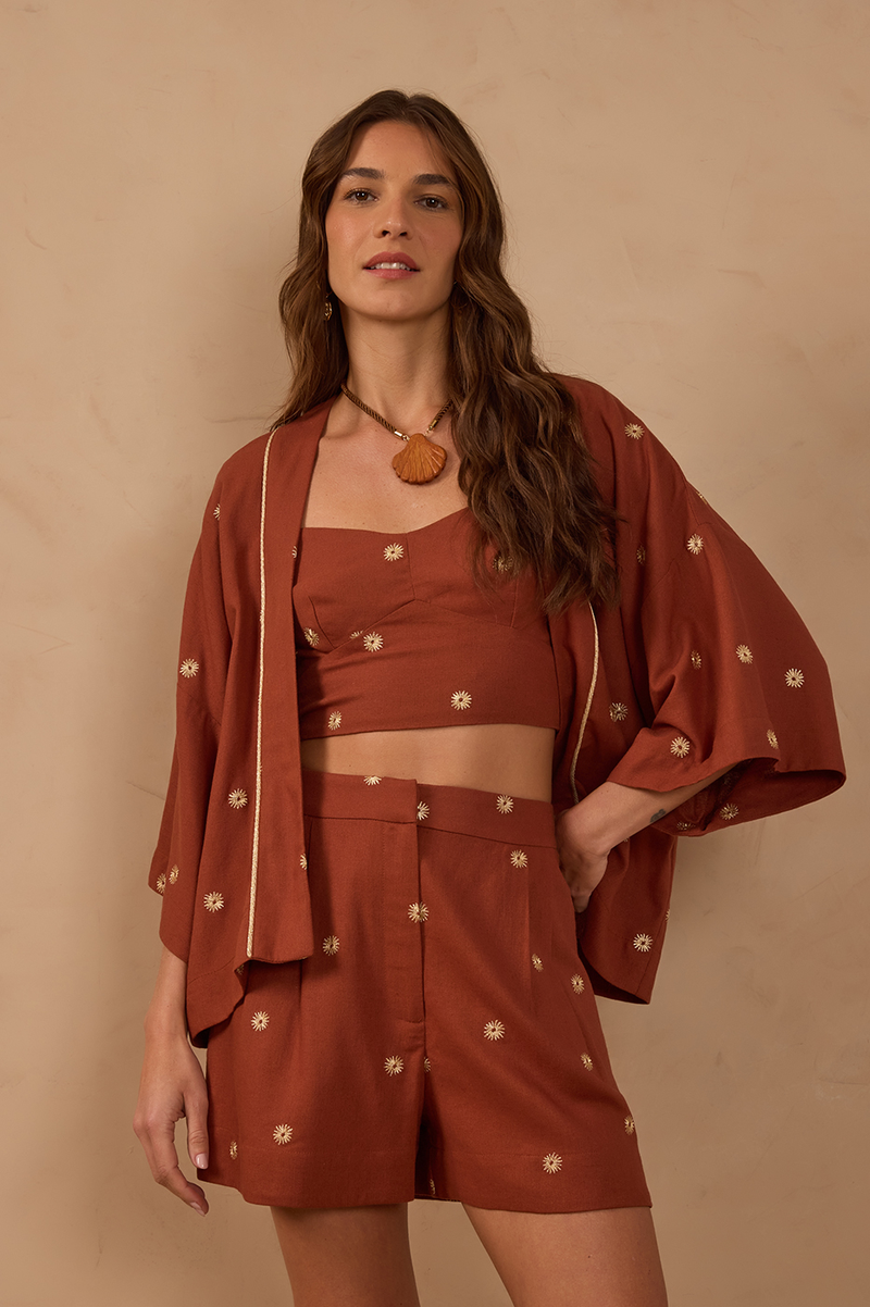 Brown Lurex Embroidered Sun Linen Top_1