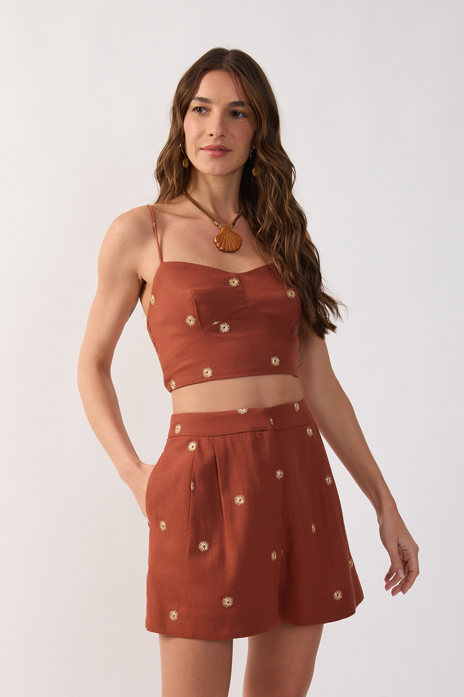 Brown Lurex Embroidered Sun Linen Top_3