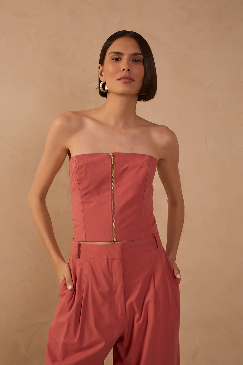 Strapless Front Zipper Smock Cotton Top_1