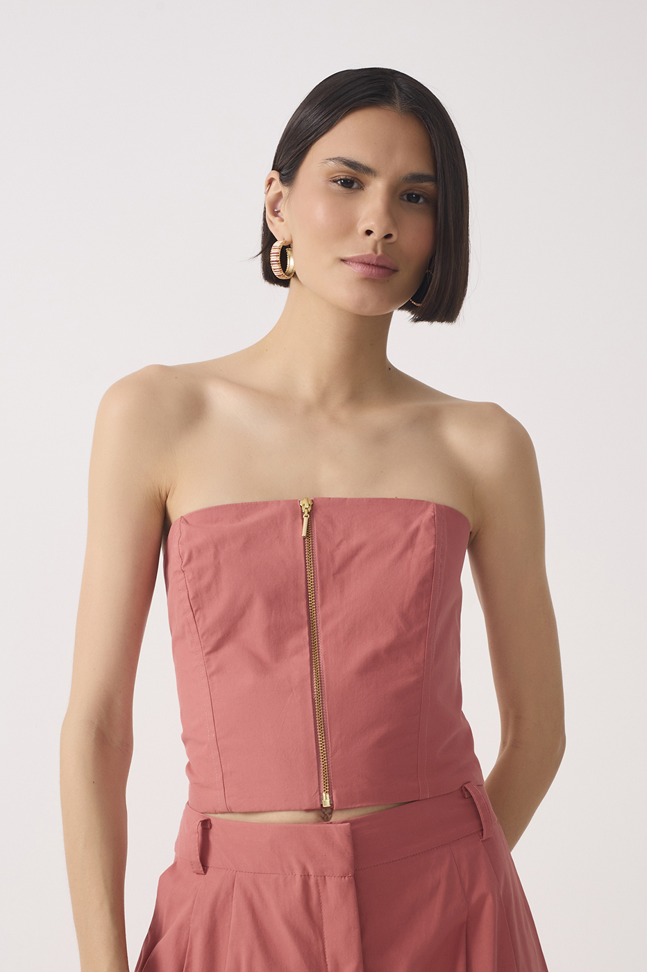Strapless Front Zipper Smock Cotton Top_2