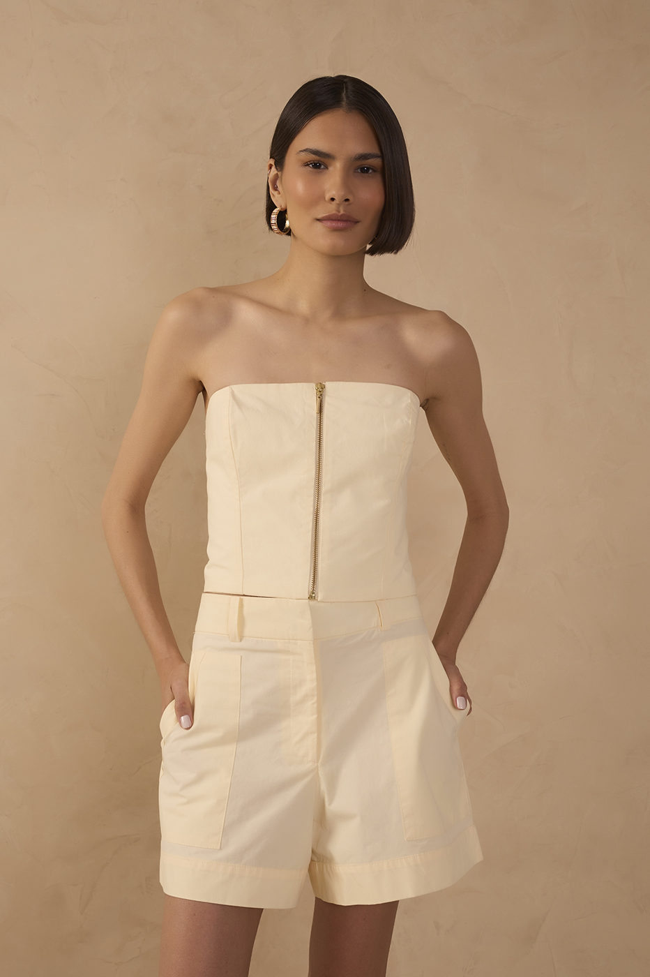 Strapless Front Zipper Smock Cotton Top_1