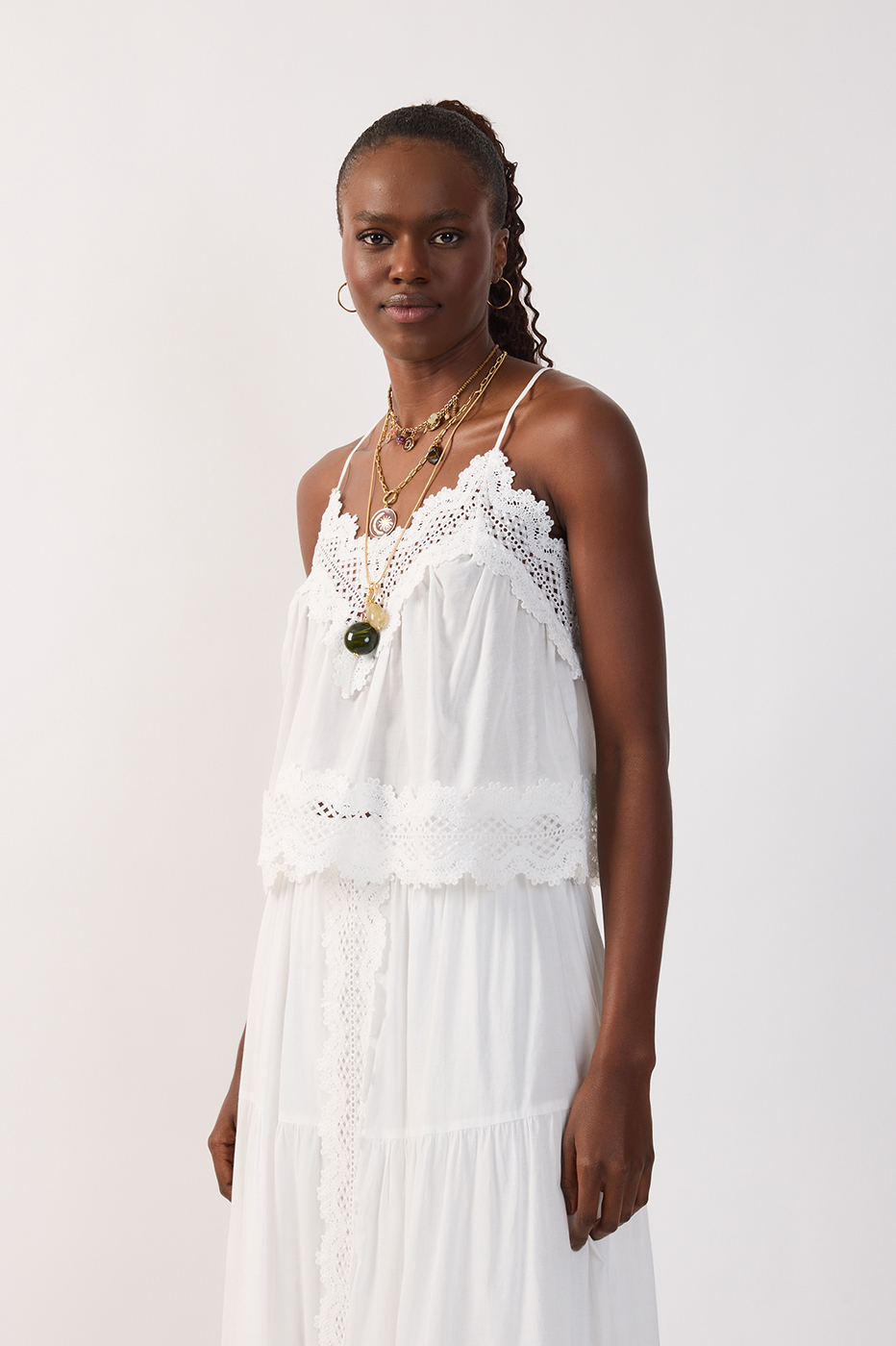 V Neck Lace Adjustable Straps Cotton Blouse_3
