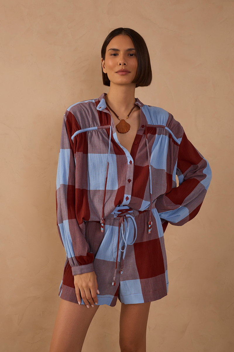 Marias Plaid Front Ties Buttoned Shirt_1
