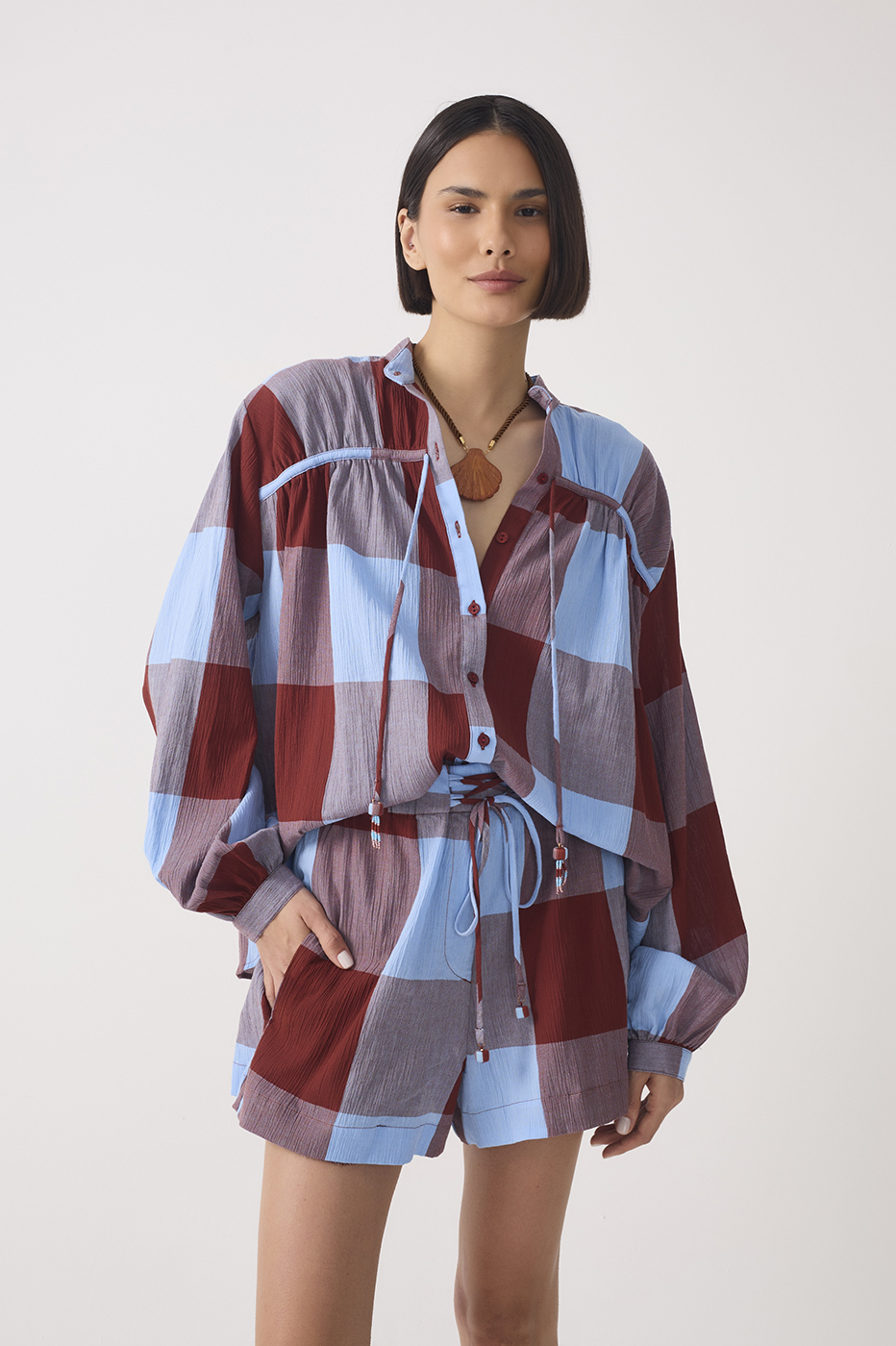 Marias Plaid Front Ties Buttoned Shirt_2