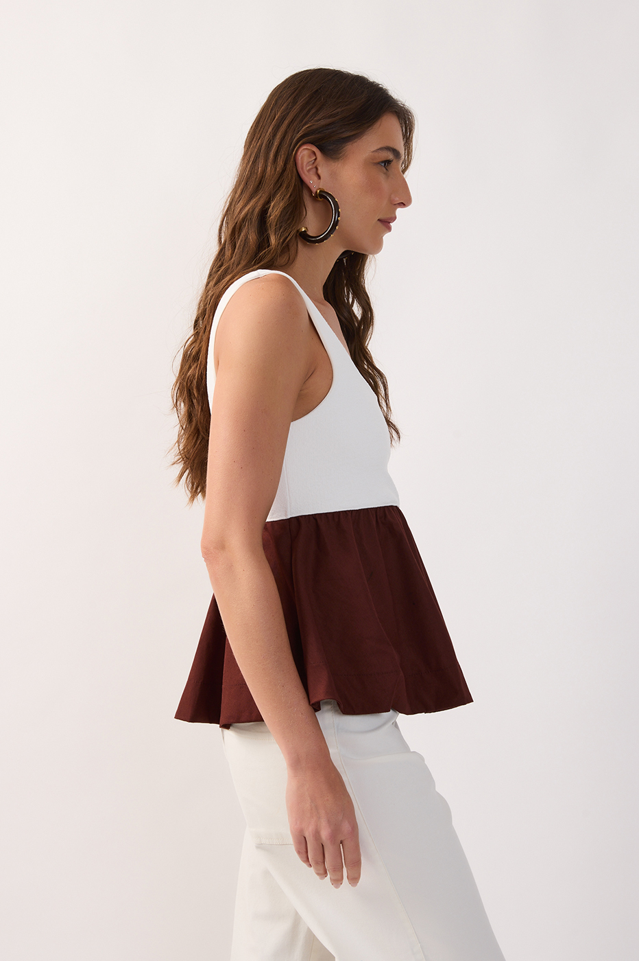 Brown Bicolor Round Neck Peplum Top_3