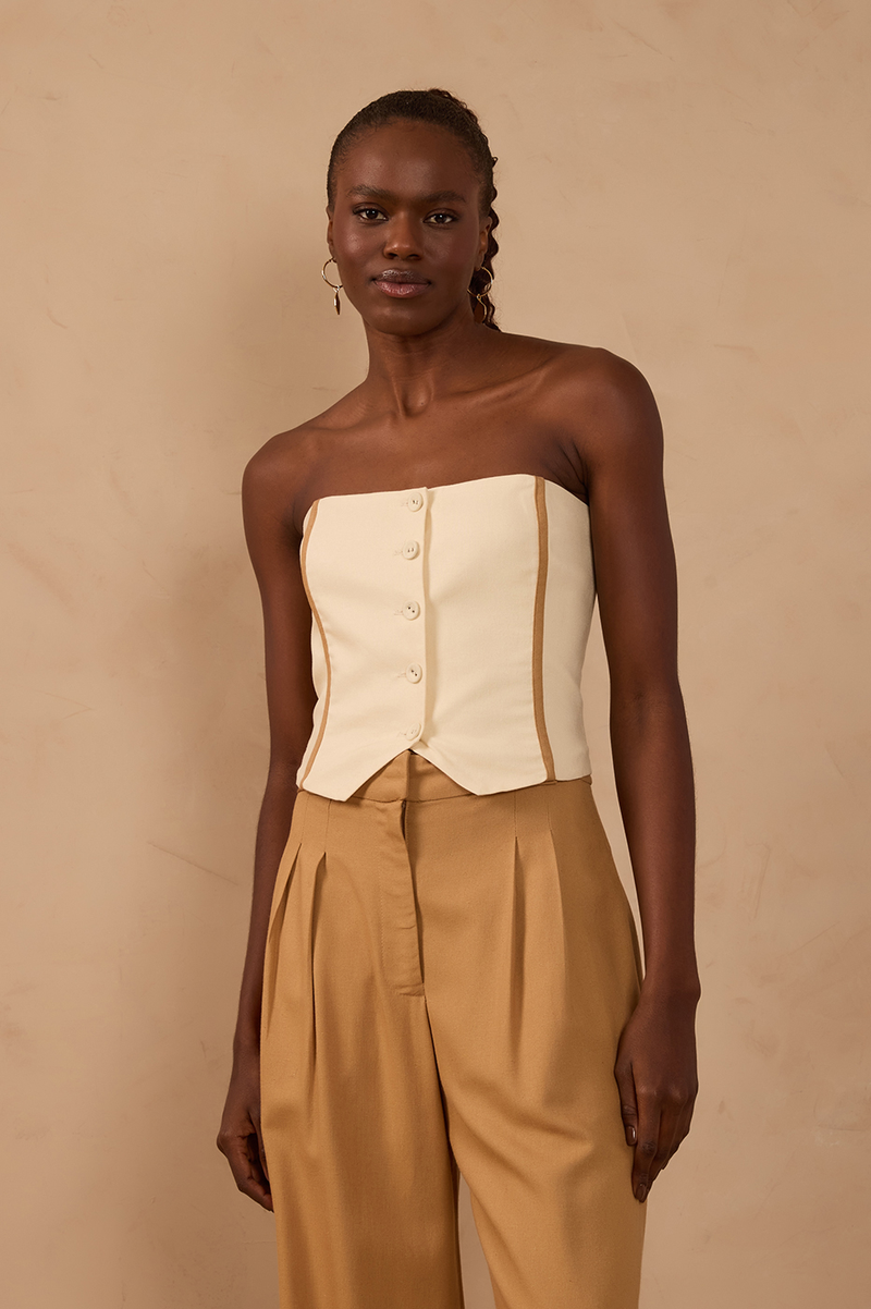 Off-White Strapless Smocked Linen Top_1