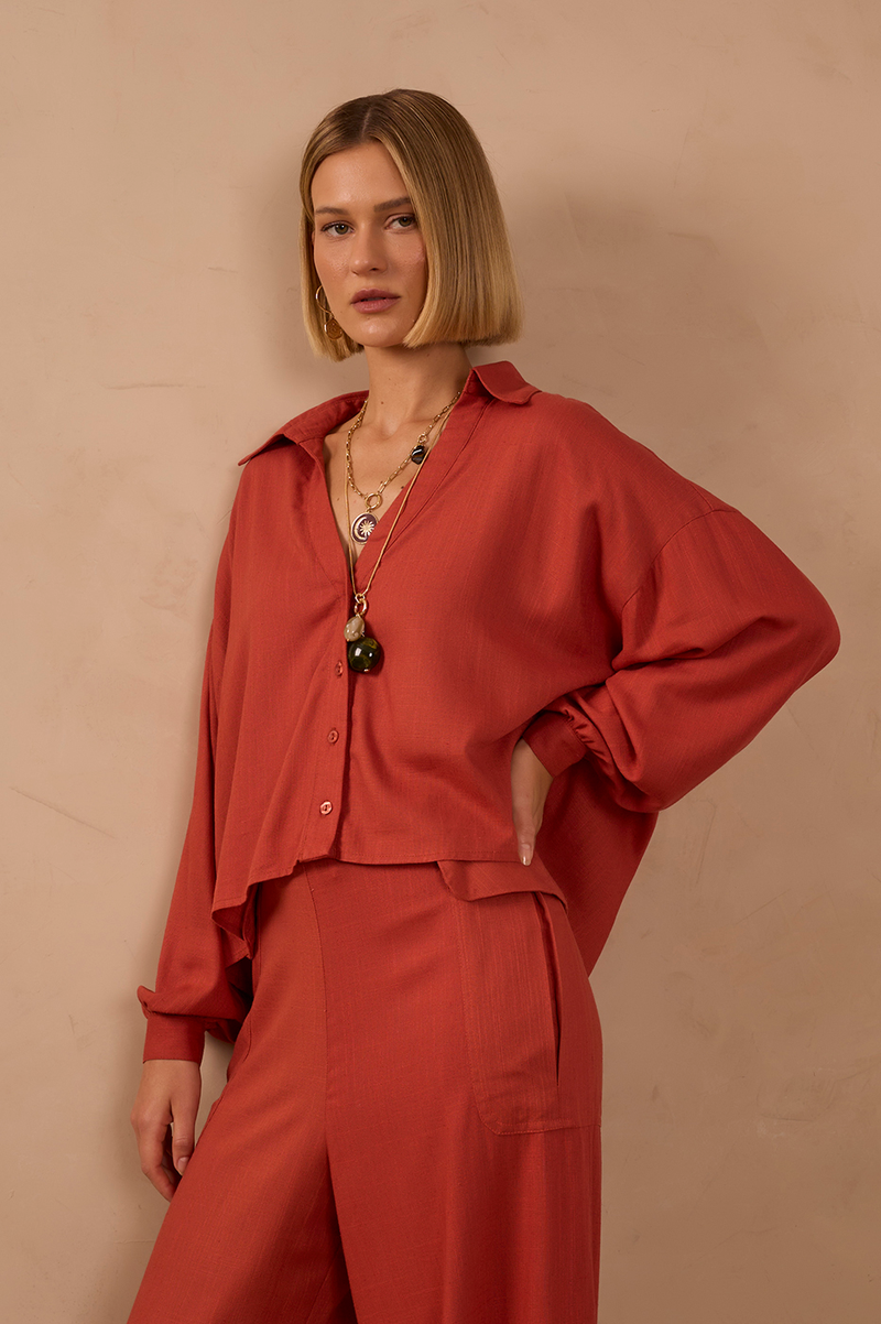 Brown Collared V Neck Buttoned Shirt_1