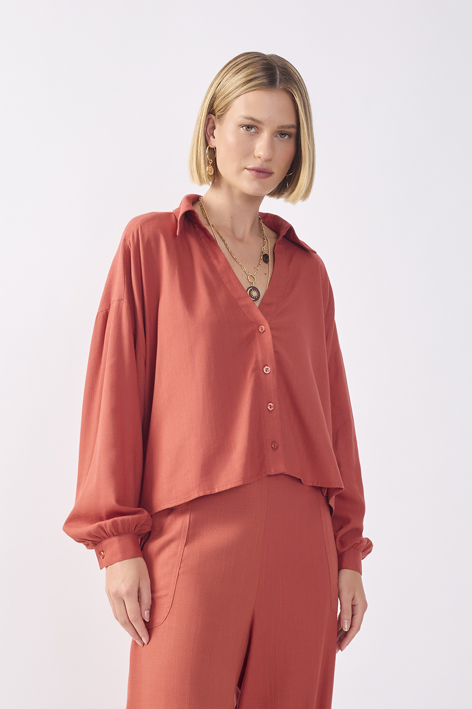 Brown Collared V Neck Buttoned Shirt_3
