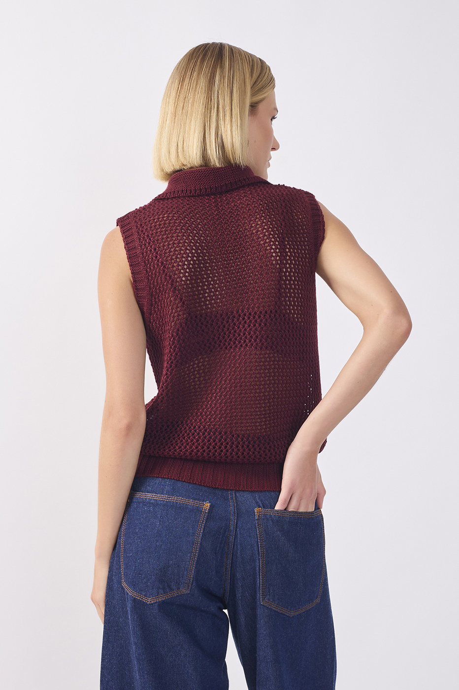 Collared V Neck Sleeveless Tricot Blouse_5