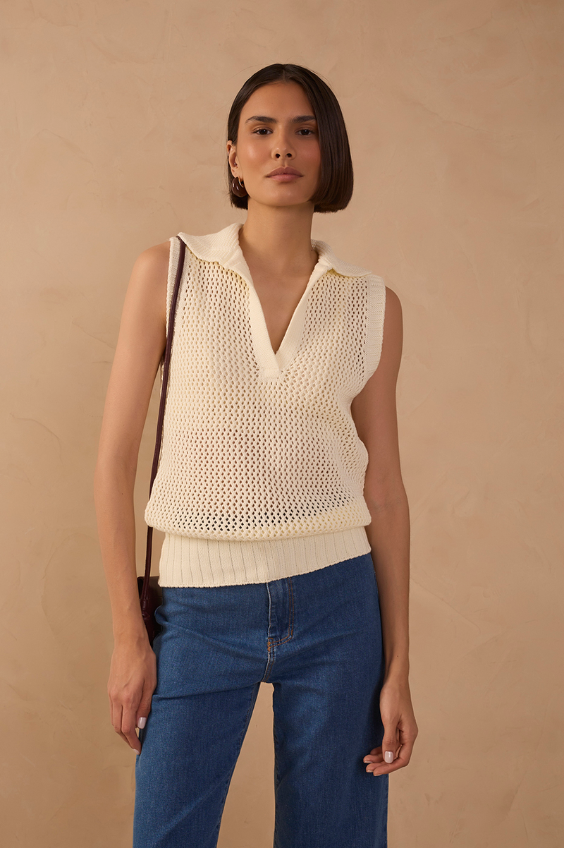 Collared V Neck Sleeveless Tricot Blouse_1