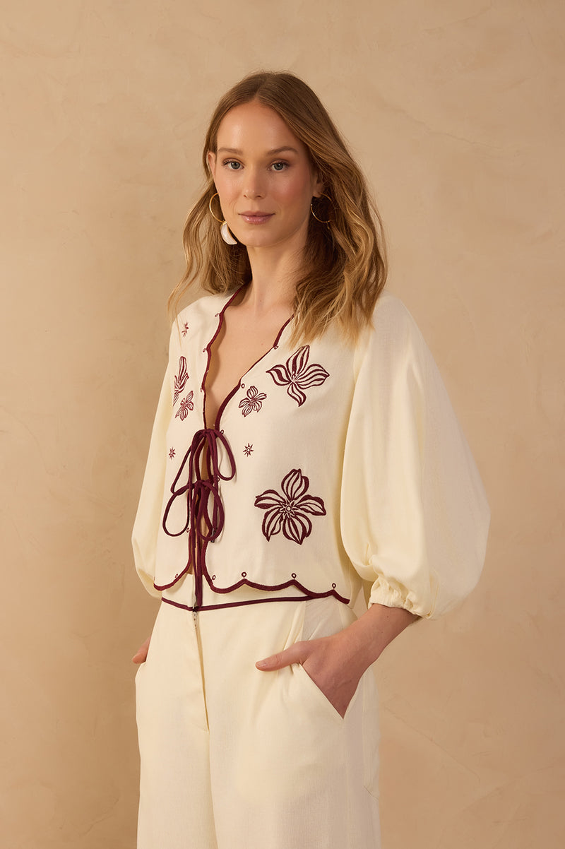 Off-White Embroidered Wavy Linen Blouse_1