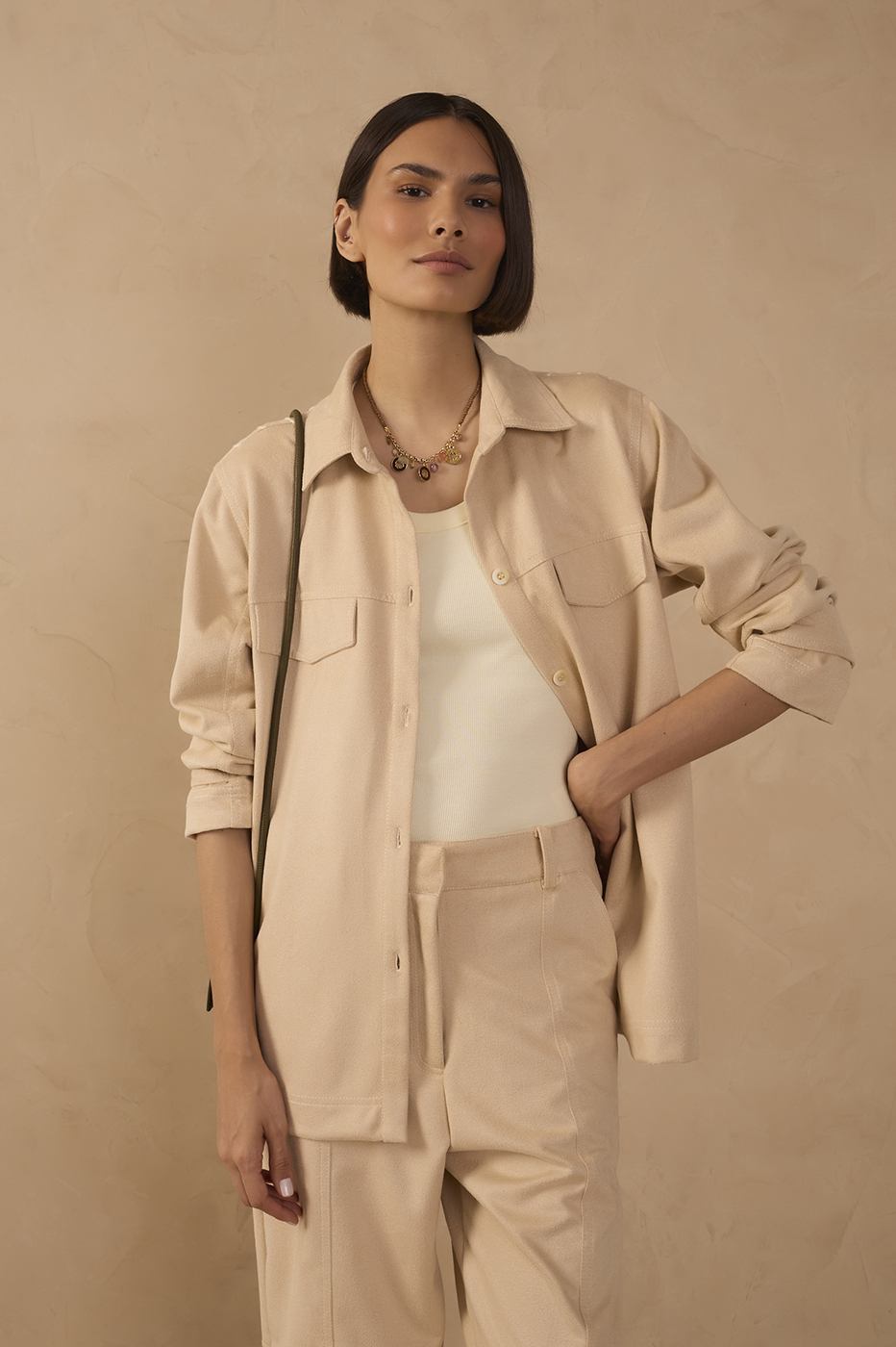 Beige Embroidered Collared Suede Shirt_1