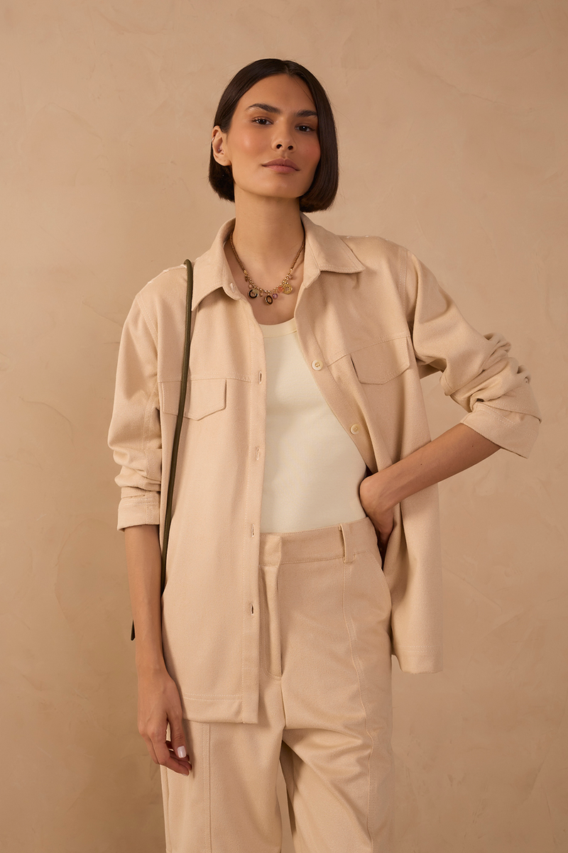 Beige Embroidered Collared Suede Shirt_1
